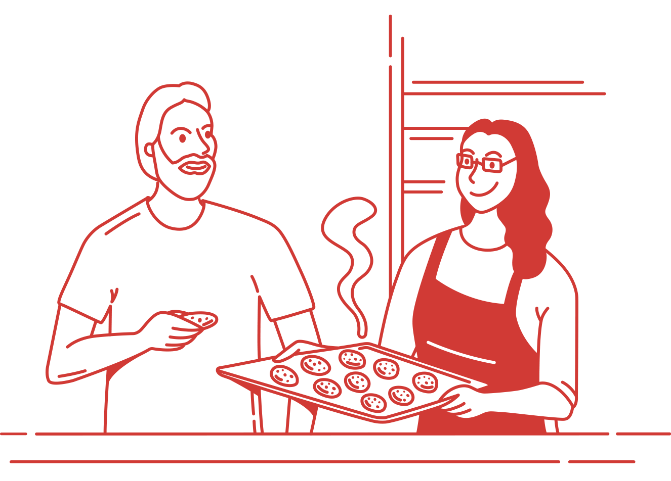A line illustration of a smiling man in a chef hat, loading dough into a traditional stone oven.